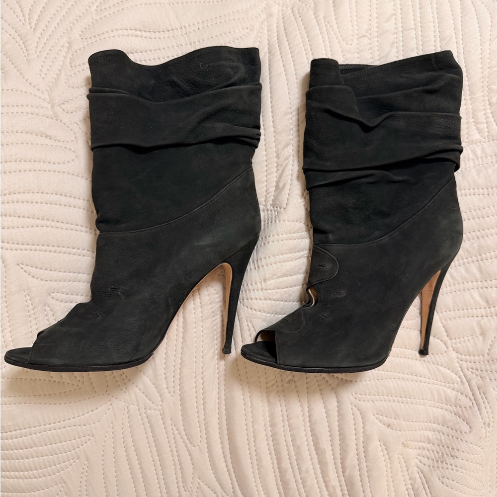 Manolo Blahnik Black Peep-Toe Heeled Boots